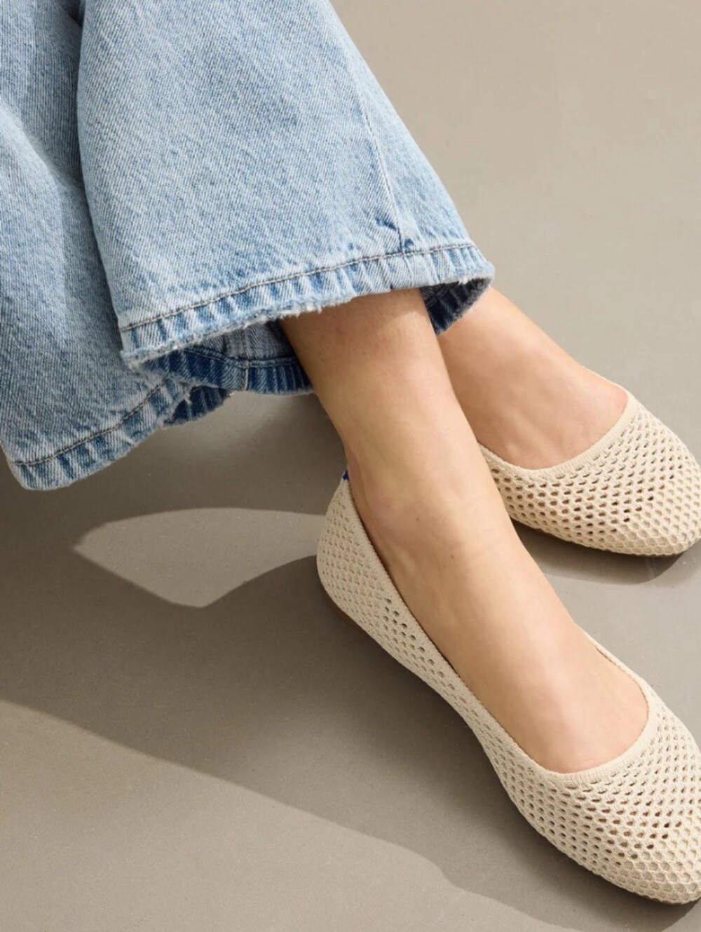Rothy's The Max Square Mesh Off White Knit Ballet Flats Blue Heel Worn Once 8